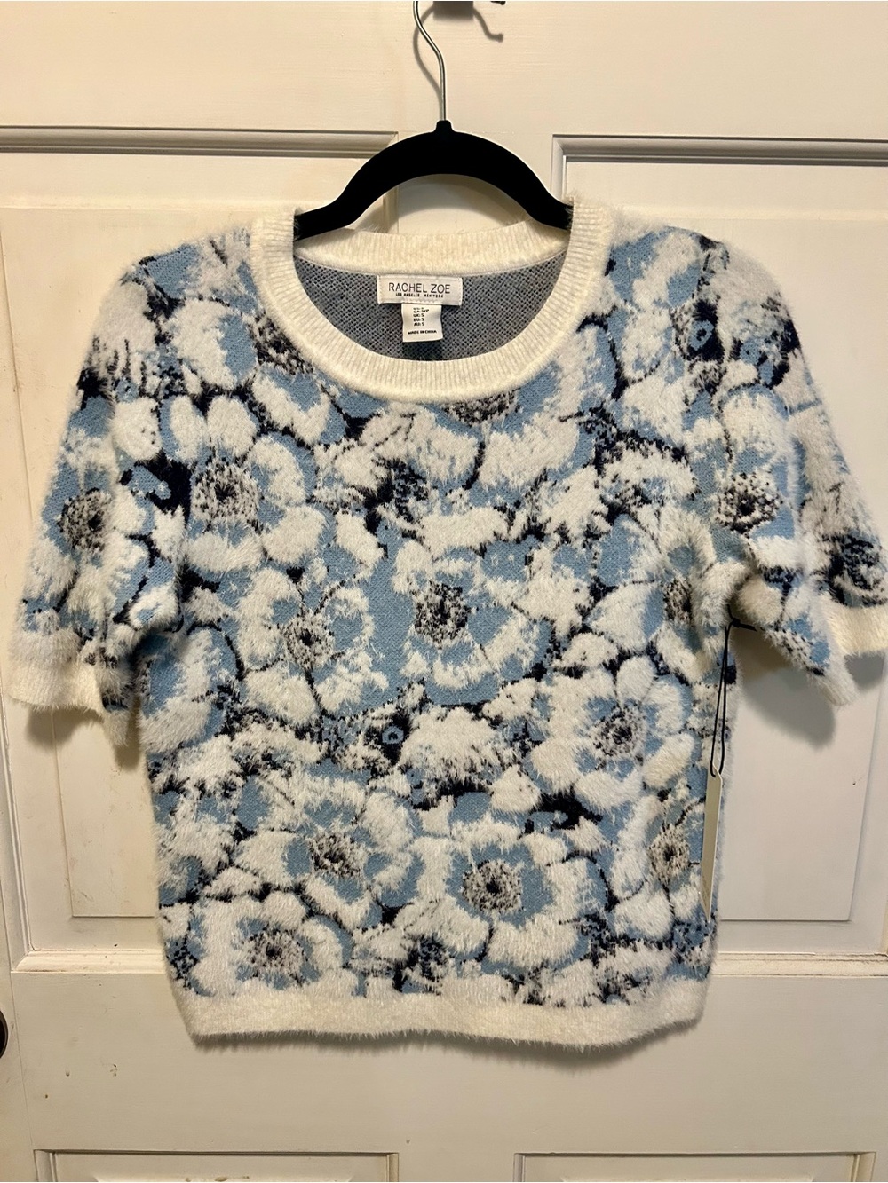 Rachel Zoe Cream, Light Blue & Black Floral Short-Sleeve Sweater